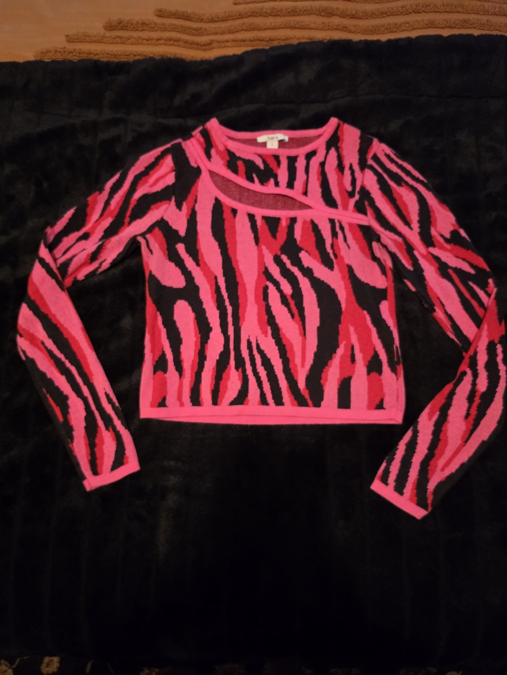 Bar III Pink Black Zebra Print Chest Cutout Jacquard Knit Sweater Small